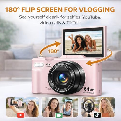 Acuvar 4K Digital Camera, 64MP Compact Digital Camera for Photography & Vlogging, Flip Screen, WiFi, 16X Zoom, Small Camera for YouTube, Beginners with 64GB Card, Pink - style: Basic Camera Kit