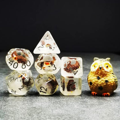 Sage's Portal Familiars Dice and Toy Set Combo Resin DND Dice Set Polyhedral Dice Set for Dungeons and Dragons RPG Pathfinder Tabletop TTRPG (Owl+ Figurine) - color: Owl, style: Dice Set +Mini Figure