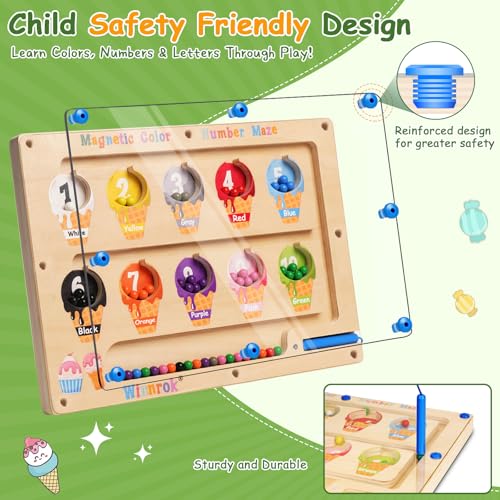 2 in 1 Magnetic Color and Number Maze, ABC Alphabet Puzzles Board Magnet Ice Cream Toys, Montessori Educational Magnet Puzzle, Preschool Learning Counting Toys for 2 3 4 5 Birthday Gifts - style: Ice Cream+Candy