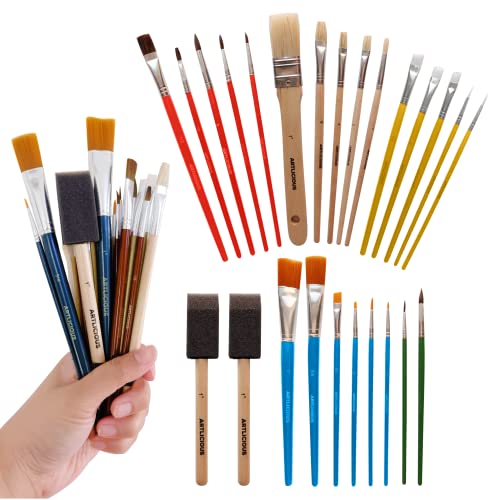 Artlicious Foam Brushes Wood Handle Paint Brush Set - Use with Craft, Watercolor, Oil, Gouache Paints, Face Art, Washable Paints, Miniature Detailing and Rock Painting - style: 25 Pack