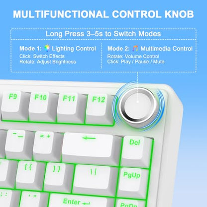 AULA F75 - 75% Mechanical Keyboard, Wireless Gaming keyboard BT5.0/2.4GHz/USB-C, Hot Swappable Custom Pre-lubed Switches with Knob, RGB Backlit Shine-Through PBT Keycaps Creamy Sounding Keyboard - color: White