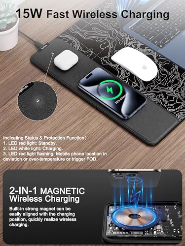 TopMade Mouse Pad with 15W Fast Wireless Charging, 31.5"x15.75" XXL Large Gaming Waterproof Desk Pad, Computer Desk Mat, Black Topographic Map #3 (Includes 20W PD Power Adapter & 6.56ft Woven Cable) - color: Black Topographic Map #3 With Adapter