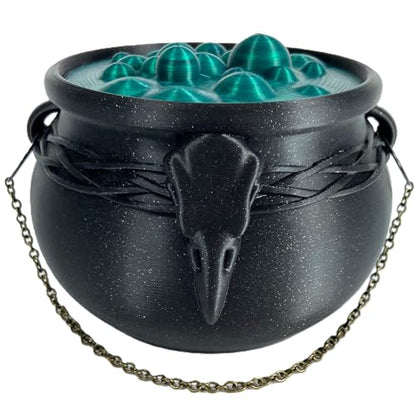 Witch's Cauldron Bowl with Bubbling Potion Lid and Chain - Spooky Halloween Goth Decor - RPG Dice Holder Stash Storage (6in Raven Skull) - size: 6in Raven Skull
