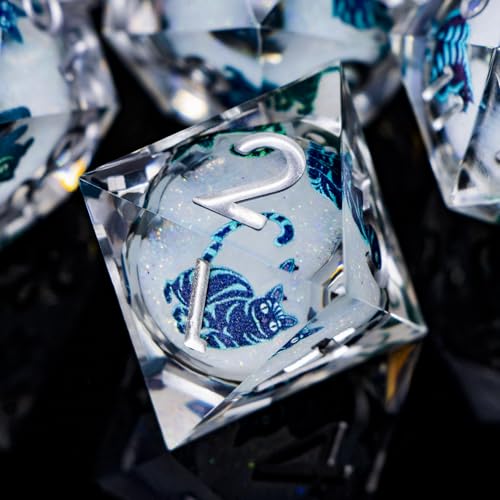 DND Cat Dice 7PCS Polyhedral Sharp Edge Dice Set with Gift Case for Dungeons Dragons Role Playing Game, RPG Resin D and D Dice D6 D8 D10 D12 D20 D% (Silvery White) - color: Colorful Cat - Silver White