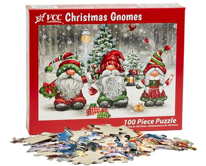 Vermont Christmas Company - Christmas Gnomes 100 Piece Jigsaw Puzzle - Large Interlocking Pieces Perfect for Kids & Adults Alike - 19" x 13"