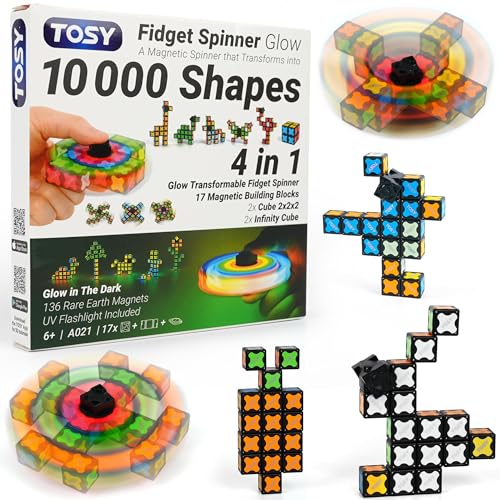 TOSY Magnet Fidget Spinner Glow - 16 Blocks, 3 in 1 Toy: Transformable Fidget Spinner, Infinity Cube, 2x2 Puzzle Cube, Glow, Stress Relief, STEM Magnet Tiles Birthday Gift for Kids/Boys/Girls/Adults - color: Glow B