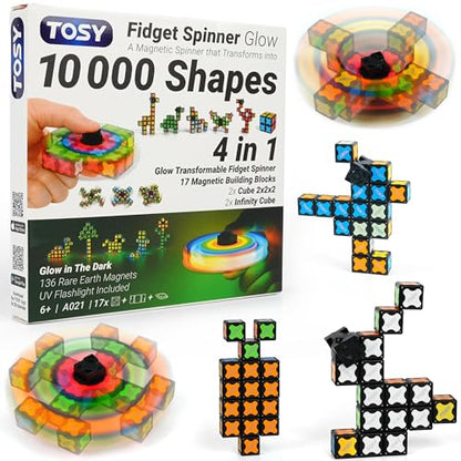 TOSY Magnet Fidget Spinner Glow - 16 Blocks, 3 in 1 Toy: Transformable Fidget Spinner, Infinity Cube, 2x2 Puzzle Cube, Glow, Stress Relief, STEM Magnet Tiles Birthday Gift for Kids/Boys/Girls/Adults - color: Glow B