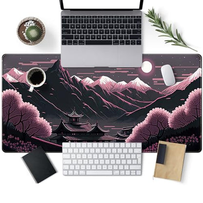 Sakura Blossom Desk Mat Japanese Scenery Mountain Large Mouse Pad XXL Extended Gaming Mousepad Japan Black Pink Aesthetic Desk Pad Keyboard Mouse Mat 31.5''X15.7'' Desk Decor - color: Sakura Blossom
