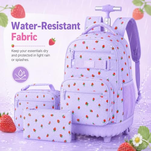 3Pcs Rolling Backpack for Girls Women, Travel Roller Backpacks with Wheels for Adults, Teens College Strawberry Wheeled Bookbag with Lunch Box (Purple) - color: Strawberry Purple