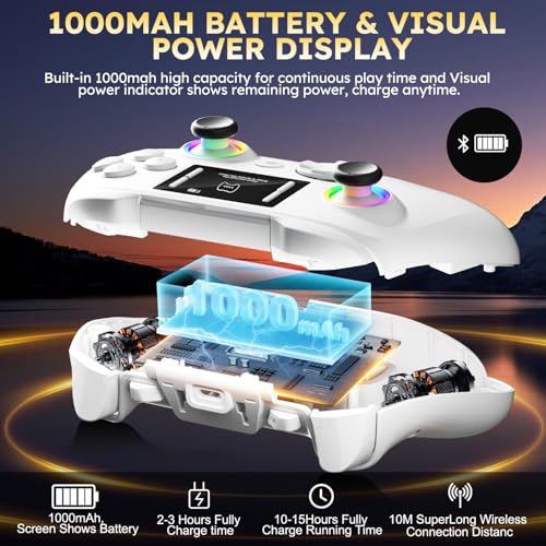 Interactive Screen Wireless Gaming Controller for PC/PS4/ Switch/Android/iOS, 4 Programmable Buttons, Turbo, 6-axis Gyro, Dual Vibration, RGB Lighting, Share, Screenshot, 1000mAh, Wake-up White - color: White