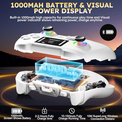 Interactive Screen Wireless Gaming Controller for PC/PS4/ Switch/Android/iOS, 4 Programmable Buttons, Turbo, 6-axis Gyro, Dual Vibration, RGB Lighting, Share, Screenshot, 1000mAh, Wake-up White - color: White
