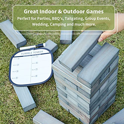 ApudArmis Giant Tumble Tower (Stack from 2Ft to Over 4.2Ft), 54 PCS Pine Wooden Stacking Timber Game with 1 Dice Set - Classic Block Giant Outdoor Game for Teens Adults Family (Gray) | Eco-safe natural pine. Smooth & anti-crack. Includes dice & carry bag.
