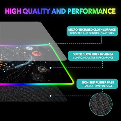 AIMSA RGB Mouse Pad LED Gaming Mouse Pad with 14 Lights Modes, Non-Slip Rubber Base Computer Carpet Desk Mat for PC Laptop (35.4 x 15.8 inch) Abstract Solar System - color: Abstract Solar System