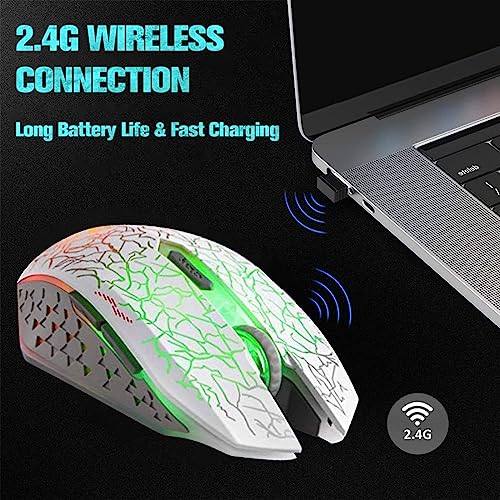VEGCOO C10 Wireless Gaming Mouse, Rechargeable Gaming Mouse, Silent Optical Mice with 2.4G USB Receiver, 3 Ajustable DPI, 7 Colorful LED Lights for Gamer (White) - color: white