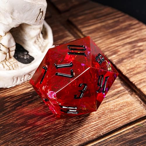 Cusdie Single D20 DND Dice with Sharp Edges and Glitter Foil Inclusions, 33mm Handcrafted 20 Sided D&D Dice, for Role Playing Game (Flame Red w/Black Numbers) - color: Flame Red With Black Numbers