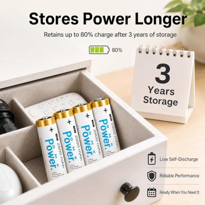 DMK POWER AA Rechargeable Batteries 2800mAh 4 Pack, 1.2V NiMH Double A Batteries, Pre-Charged Low Self Discharge, 1200 Cycle Rechargeable Battery Pack for Toys, Remotes, Flashlights, Game Controllers