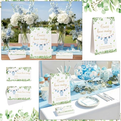 Blue Clothes Guess How Many Baby Shower Game Pack of 1 Tabletop Sign with Stand and 50 How Many Cards, Eucalyptus Gender Reveal Party Game Decorations - style: Eucalyptus