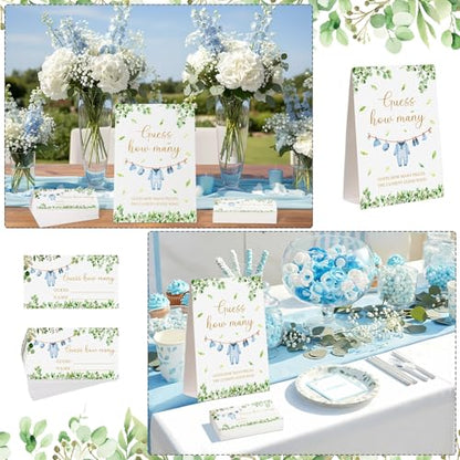 Blue Clothes Guess How Many Baby Shower Game Pack of 1 Tabletop Sign with Stand and 50 How Many Cards, Eucalyptus Gender Reveal Party Game Decorations - style: Eucalyptus