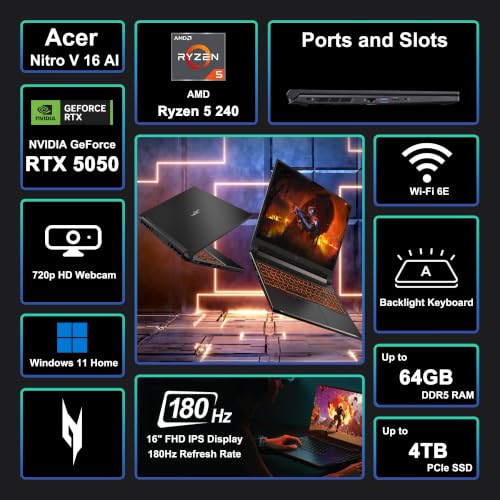 iCarp Customized Laptop Made with Acer Nitro V 16 Gaming Laptop 16" WUXGA IPS 180Hz AMD 6-core Ryzen 5 240 16GB/32GB/64GB RAM 512GB/1TB/2TB/4TB SSD RTX 5050 GDDR7 (Up to 421 AI Tops) Backlit Win11 - style: Ryzen 5 240 + RTX 5050
