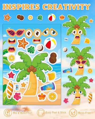 Aowplc 48 Sheets Summer Fun Make-a-Face Sticker Set for Kids – Create Your Own Faces with Beach, Tropical & Animal Stickers – Ideal Summer Crafts, Party Favors & Creative Activities - style: Summer Vibe