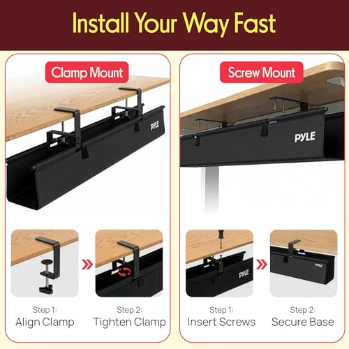 Pyle 36" Under Desk Cable Management Tray, Under Desk Wire Organizer with Clamp or Screw Mount, Desk Cable Organizer with Fabric Design for Large Workstations, Built-in Ties, 20 lb Capacity, Black - size: 36"
