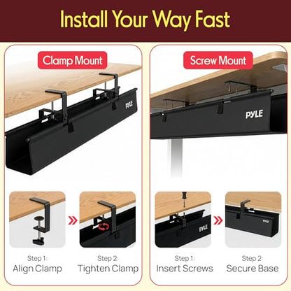 Pyle 36" Under Desk Cable Management Tray, Under Desk Wire Organizer with Clamp or Screw Mount, Desk Cable Organizer with Fabric Design for Large Workstations, Built-in Ties, 20 lb Capacity, Black - size: 36"