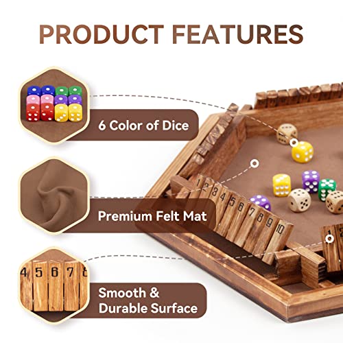 WOOD CITY Shut The Box Game Wooden for 6 Players, Close The Box Math Game for Kids Adults with 16 Dice, 6 Way Tabletop Quick Board Game for Family Friends 3+ Years Old in Classroom, Party or Pub - style: 6 Players