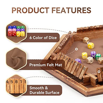 WOOD CITY Shut The Box Game Wooden for 6 Players, Close The Box Math Game for Kids Adults with 16 Dice, 6 Way Tabletop Quick Board Game for Family Friends 3+ Years Old in Classroom, Party or Pub - style: 6 Players