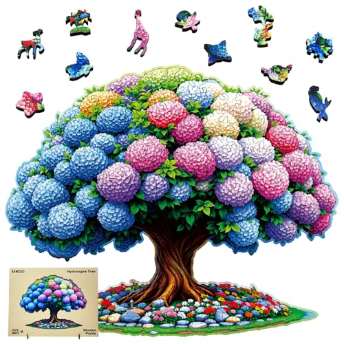 Wooden Jigsaw Puzzles for Adults and Kids, Hydrangea Tree 200 Piece Unique Shaped Puzzle, Family Game and Creative Wooden Puzzle Gift, Wall Art Decor - color: Hydrangea Tree, size: 200PCS