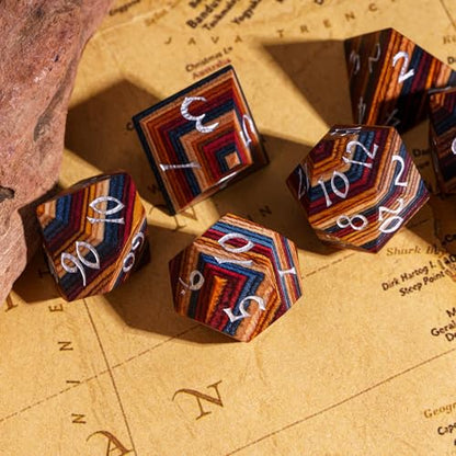 Wooden Dice Set Yellow Striped Wood DND Dice for D&D Tabletop Games | Iron Box, DM Gift, for Dungeons and Dragons Role Playing Games - color: Yellow Striped/Silver