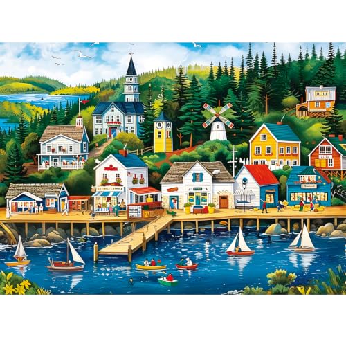500 Piece Puzzle for Adults, Colorful Seaside Harbor Town Jigsaw Puzzle | Coastal Sailboats Scene Puzzle with Letters on Back for Teens Seniors Challenging Game Home Decor Birthday Party Gift 20.5*15 - color: Harbor Town