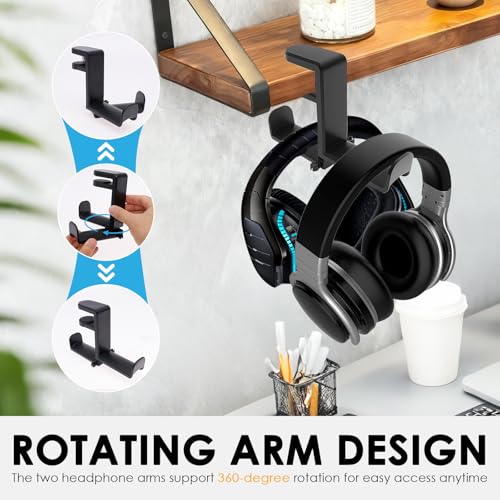 Headphone Holder Under Desk, Dual Headphone Stand Hanger 360 Degree Rotating Headset Holder Under Desk, Clamp On Earphone Organizer for 0.35 to 1.65 inch Thick Table