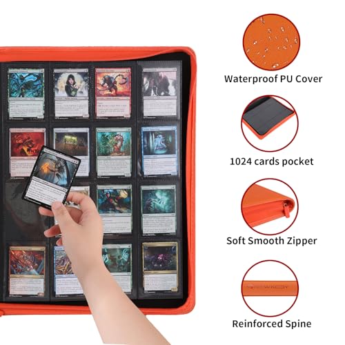 Snekdy premium 1024-pocket trading card binder, Card Albums 16 pockets, waterproof PU-leather Cover album with side loading, holds gaming, baseball (Orange) - color: Orange