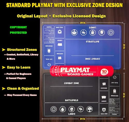 2 Pack MTG Playmat Set with Storage Tube Case – AiLiTeck Trading Card Game Playmat with Zones & Phase Guide for Beginner Casual Player Non-Slip Base for MTG Commander & TCG Play - Blue/Black - color: Blue+black