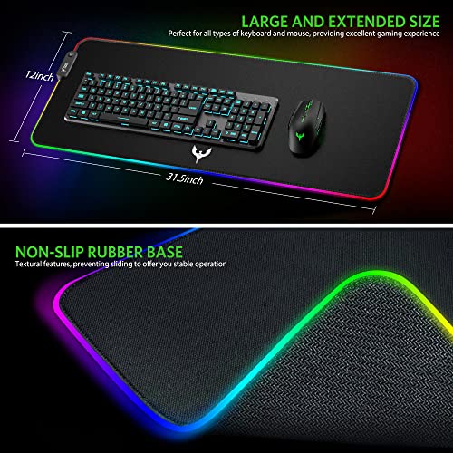 BladeHawks RGB Gaming Mouse Pad Extra Large Extended 31.5x12 Inch-Black | LED mouse pad with 14 lighting modes, covers keyboard & mouse, anti-slip rubber base, waterproof surface, USB powered - color: Black