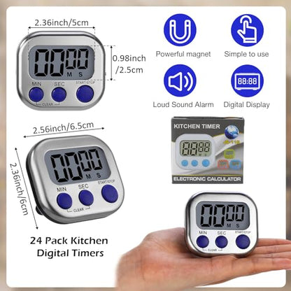Leumoi 24 Pack Multi-Function Digital Timers with Magnetic Back, Large LCD Display, Loud Alarm, Count up & Countdown, Memory Function for Cooking, Classroom, Study, Exercise & Work(Sliver and Blue) - color: Sliver and Blue