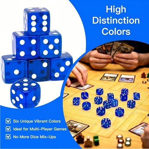 12 Piece 19 mm Casino Style Dice Set, Acrylic Translucent D6 Dice with Square Rounded Edge, Blue for Craps, Table Games, Board Games, RPG, MTG, DND(Blue) - color: Blue