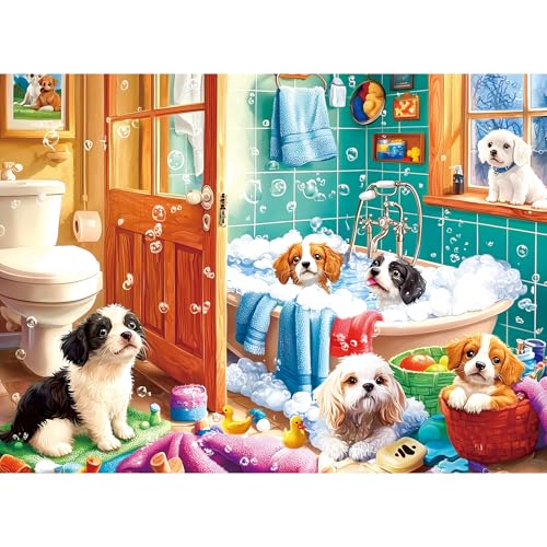 300 Piece Large Puzzle for Adult,Cute Puppy Bath Time Themed Jigsaw Puzzle | Interlock Perfectly Letter on Back No Dust,Home Wall Art Decor,Challenging Perfect Birthday Party Gift for Family, 20.5x15 In - color: Bath Dog