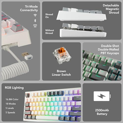TECWARE Phantom+ Elite 87 Key RGB Mechanical Gaming Keyboard | 3-Mode Wireless Bluetooth 5.0, 2.4GHz & USB-C Wired | Hot-Swappable 5-Pin | Double-Shot PBT Keycaps | Wraith Brown Switch - White - color: Brown Switch, size: Phantom+ Elite 87 | White