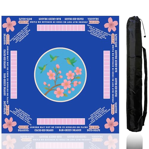 American Mahjong Mat with Rules Printed (33x33, 2.5mm Thick, Hummingbird Blue) Mahjong Mat for Table w/Bag, Crease-Proof Waterproof Non-Slip, Soft Mahjong Table Mat, Noise Reduction - color: Hummingbird Blue Mat