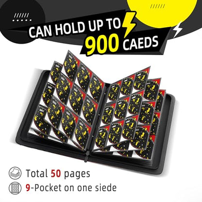 Trading Card Binder 9 Pocket,900 Pocket Card Collection Binder with 50 Removable Sleeves,PU Waterproof Top Card Book,3-Ring Zipper Collectible Trading Card Album for MTG/TCG/Card Holder Gift（Black） - color: Black, size: Large