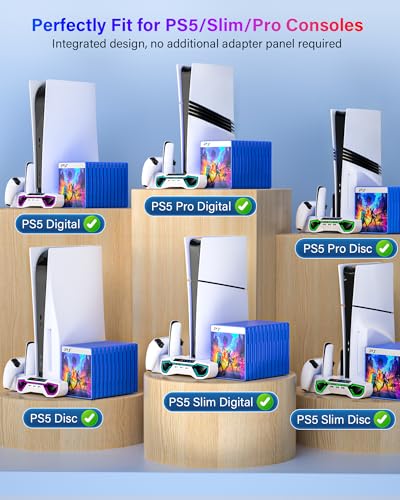 Cooling Station with Controller Charging Station for PS5/Slim/Pro Console | Cooling stand and Controller Charger Accessories for Playstation 5 - LED Light, Turbo Fan, Headset Holder, 3 USB Hub, White - color: White