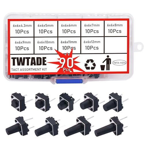 TWTADE 90PCS 2 Pin Tactile Switch Micro Momentary Tact Push Button Switch Assortment Kit 6 x 6 x 4.3/5/6/7/8/9/10/11/12mm(Each Values 10pcs) QC-9V-2P - color: Black-2 Pin 6x6mm Series