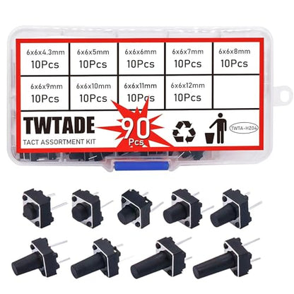TWTADE 90PCS Micro Momentary Tactile Push Button Switch 6 x 6 x 4.3/5/6/7/8/9/10/11/12mm 2 Pin Tact Switch Assortment Kit - color: Black-2 Pin 6x6mm Series