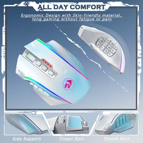 Redragon Wireless Gaming Mouse, MMO Gaming Mouse UP 16,000 DPI, 16 Macro Programmable Buttons, RGB Rechargeable Mouse with 12 Side Buttons, 70Hrs for PC Laptop MOBA FPS, White,M901P-WS - color: white
