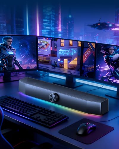 Computer Speakers for Desktop, 2.0 Channel PC Speakers with Bottom Glow LED Light, Clear Sound Soundbar for Desktop Laptop Monitor, 3.5mm Aux Input, USB Powered, Black
