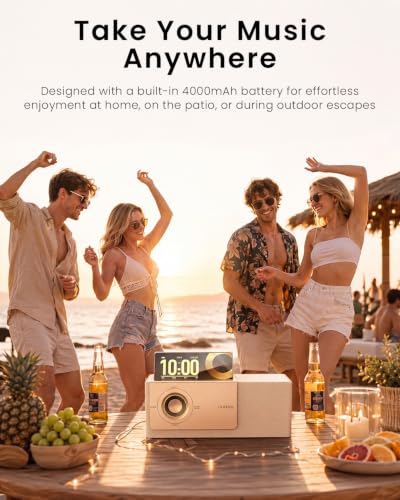 GoldJoy 7 in 1 Bluetooth Speaker Wireless Charging Station for Home Gift | Sound with Punchy Bass, Sunset Lamp & White Noise for Sleep, Smart Flip-Up LCD Display, Clock Syncs Phone's Time and Date - color: Beige
