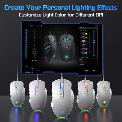 Wired Gaming Mouse with Side Plates, MMO Mouse with 14 Programmable Buttons, Ergonomic Gaming Mouse with 2 Grip Plates, Computer Mouse with Max 12,400 DPI, RGB Lighting, White