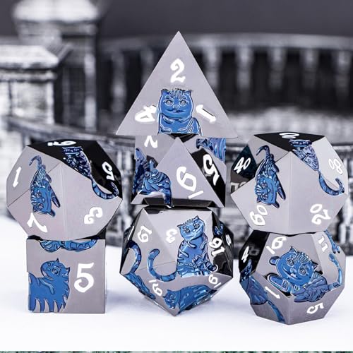 Metal DND Cat Dice 7PCS Polyhedral RPG Dice Set with Gift Case for Dungeons Dragons Role Playing Game, D and D Dice D6 D8 D10 D12 D20 D% (Blue Black) - color: Cat-black Blue
