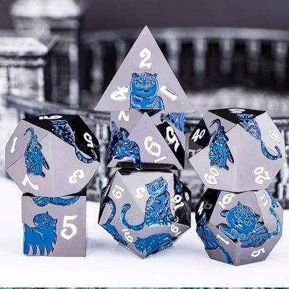 Metal DND Cat Dice 7PCS Polyhedral RPG Dice Set with Gift Case for Dungeons Dragons Role Playing Game, D and D Dice D6 D8 D10 D12 D20 D% (Blue Black) - color: Cat-black Blue